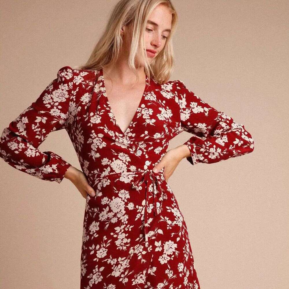 Luxury Dress Womens Dress Partydress 515#autumn New 2025 Printed V-neck Long Sleeve Mid-length French Tea Dress for Women