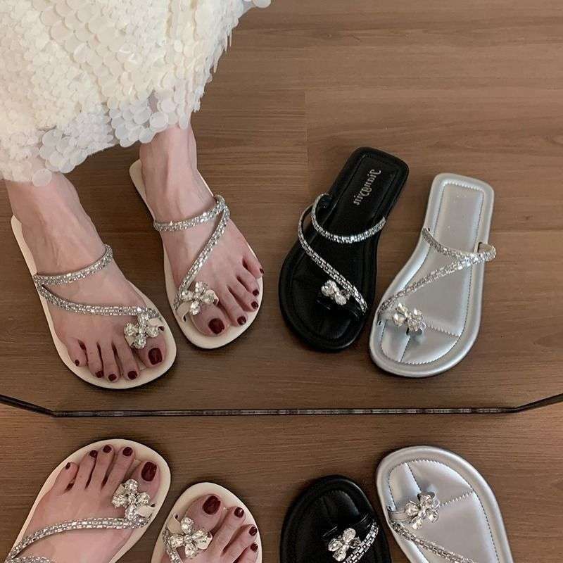 Women's flat bottomed rhinestone shoes summer outdoor new women's sandals designer sandals beach soft soled women's slippers