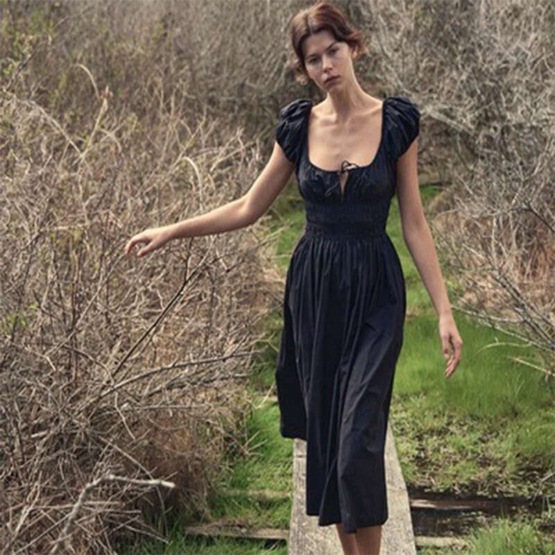 Bodysuit Calf Dress Designer Long Dress 710 Summer New 2025 Solid Color Square Neck Pure Cotton Vacation Waist-cinching Mid-length Dress French Style 