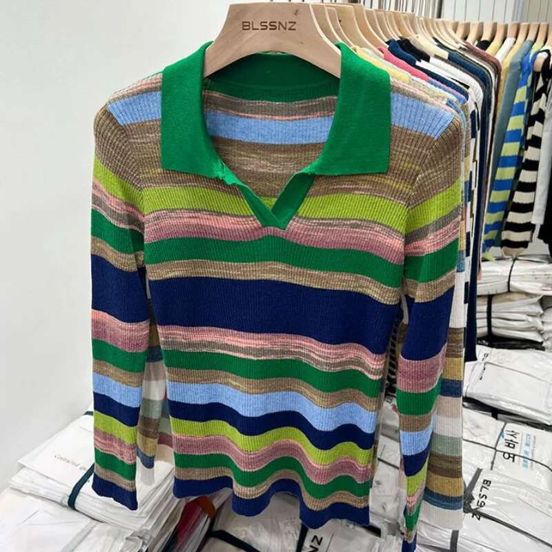Polo Neck Shirts For Women Long Sleeve Tops Striped Clothing Knit Youth Offer Chic Elegant Summer 2025 T-shirt Woman Cotton New
