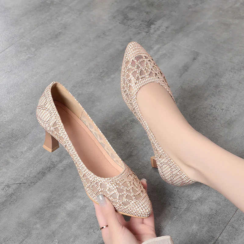 Summer Single Shoes Mesh Breathable Versatile High Heels Womens Shoes Middle-Aged Temperament Pointed Toe Shallow Mouth Shoes 250613