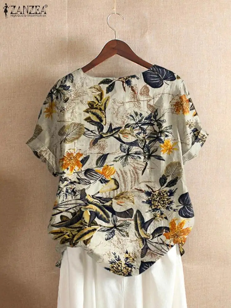 ZANZEA Women Cotton Shirt Fashion Floral Printed Tops Ladies Kaftan Chemise Summer Short Sleeve Blouses Causal O-neck Tunic 250614