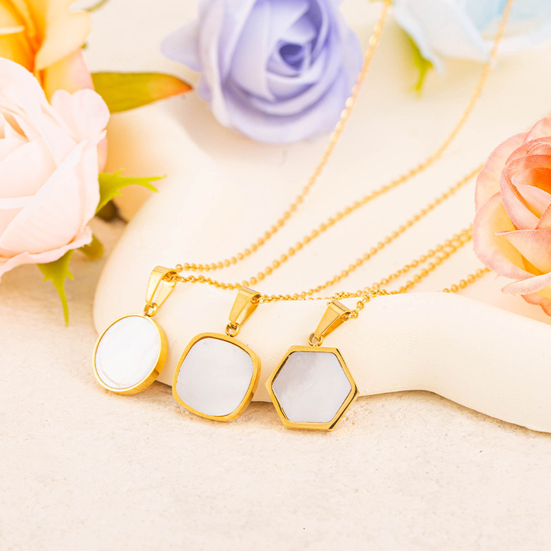 Fashion Simple Elegant White Mother-of-Pearl Geometric Necklace for Women Titanium Steel Light Gold Color Non-Fading Pendant Jewelry