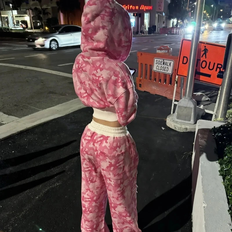 Camouflage Sports Two Piece Sets Womens Outifits Street Hip-hop Womens Two Peice Sets Slim Hoodie Casual Loose Sports Pants 250614