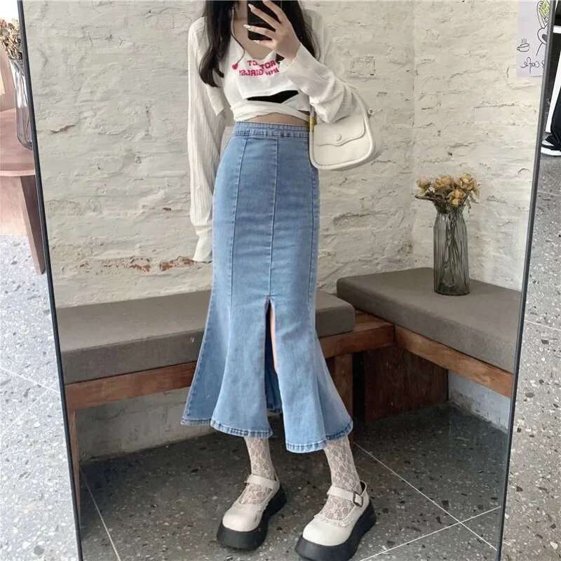 Woman Denim Skirt Sexy Jeans Skirts for Women Gyaru Blue Coquette with Slit Clothing Sales Vintage Korean Style Luxury Elegant V