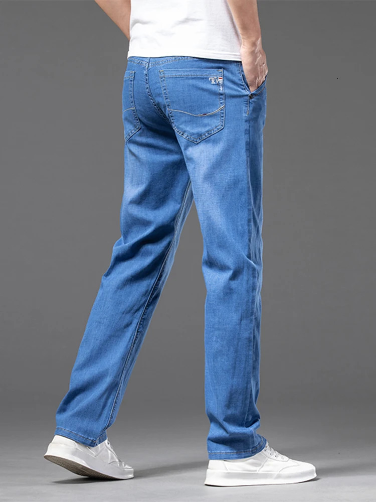 Summer Thin Mens Straight Jeans Classic Black Blue Stretch Casual Business Baggy Denim Pants Male Trousers 250616