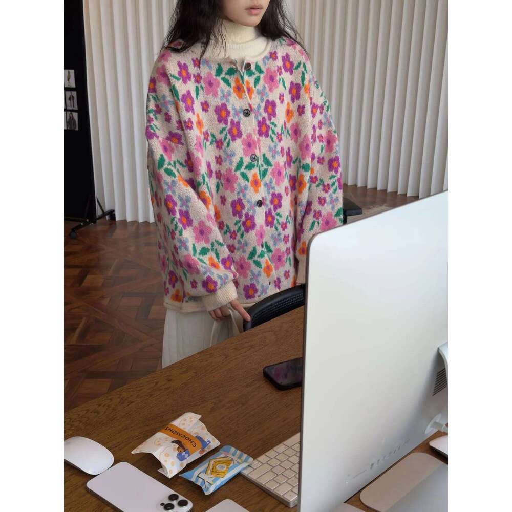 Autumn and winter women's casual floral round neck long sleeved loose cardigan sweater