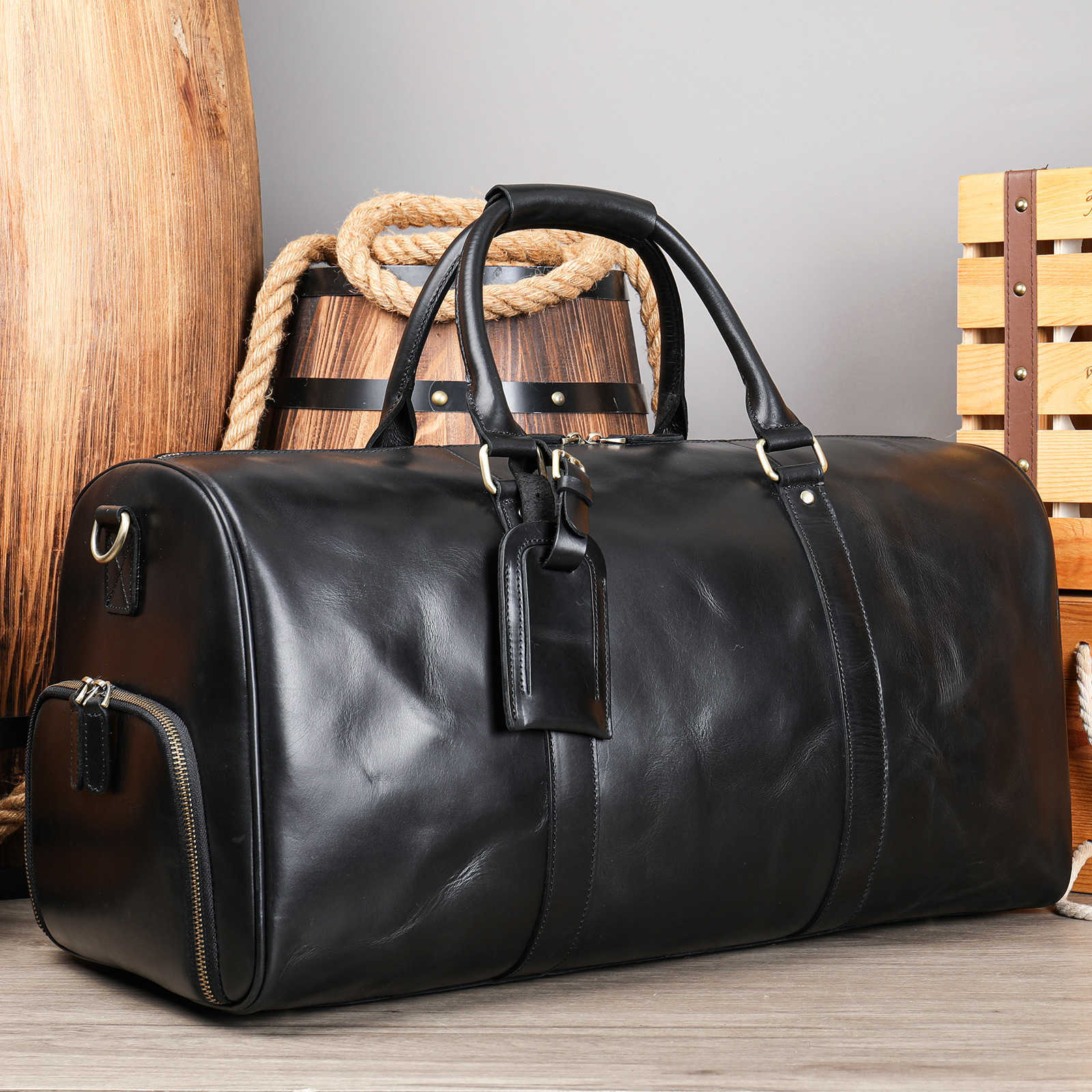 Top Layer Cowhide Crazy Horse Leather Travel Bag Large Capacity Gym Bag Shoe Compartment Outdoor Genuine Leather Mens Travel Duffel Bag