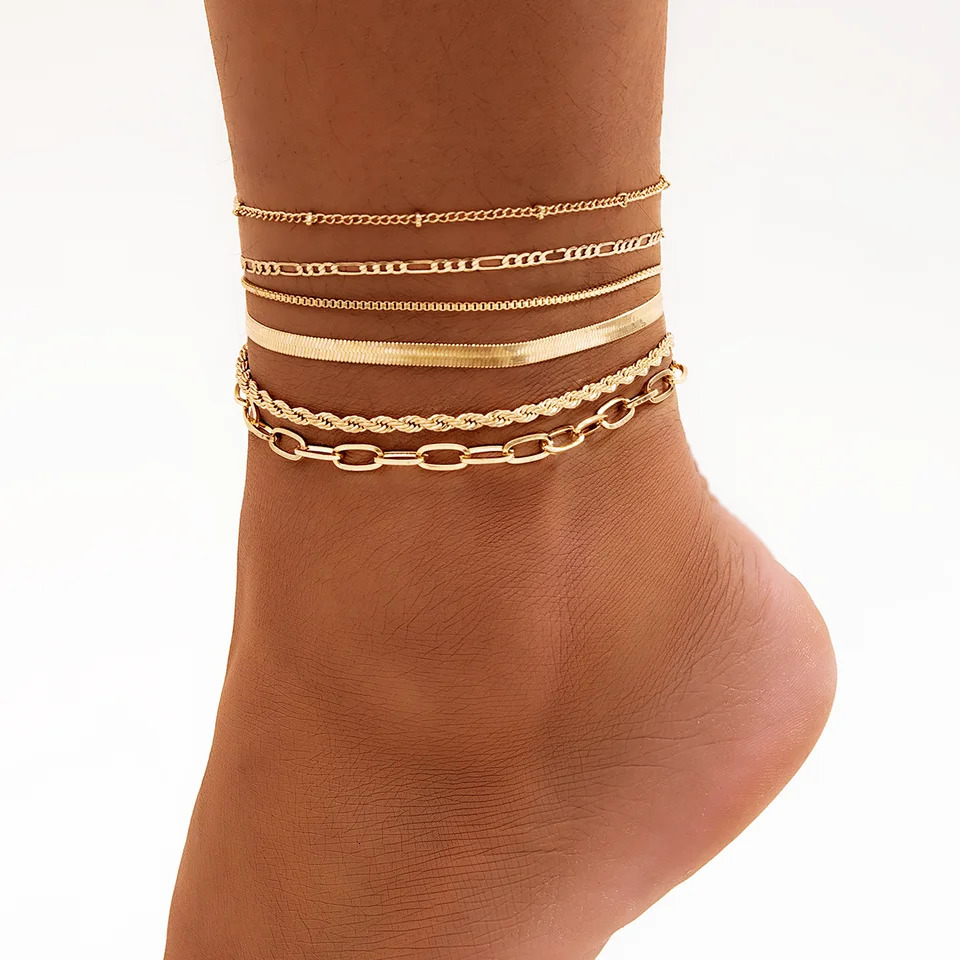 Salircon 6PcsSet Bohemian Twisted Flat Snake Chain Anklet For Women Summer Beach Vintage Foot Ankle Bracelet On Leg Jewelry 250606