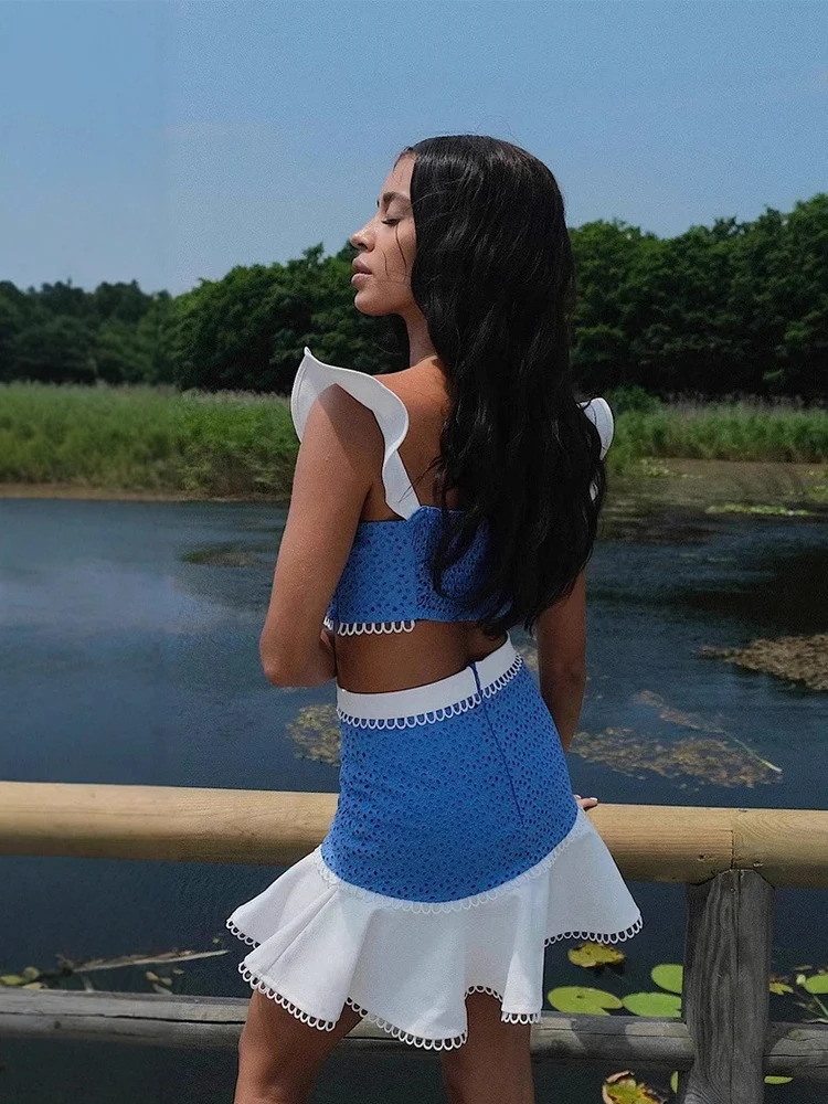 Elegant Y2K Ruffle Tiered Mini Skirts Co-ord Sets Fashion Patchwork Crop Top 2 Piece Set Mini Skirt Suits Lady Beach Outfit 250617