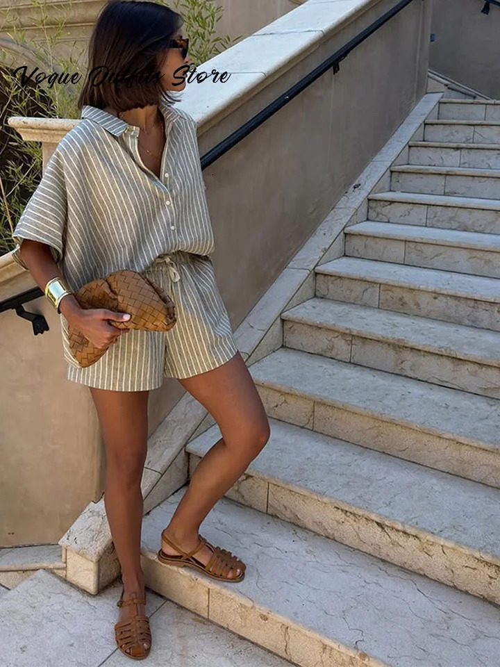 Casual Striped Lace Up Women Shorts Suits Lapel Half Sleeve Single Breasted Shirt Wide Leg Shorts 2025 Summer Chic Lady Sets 250616