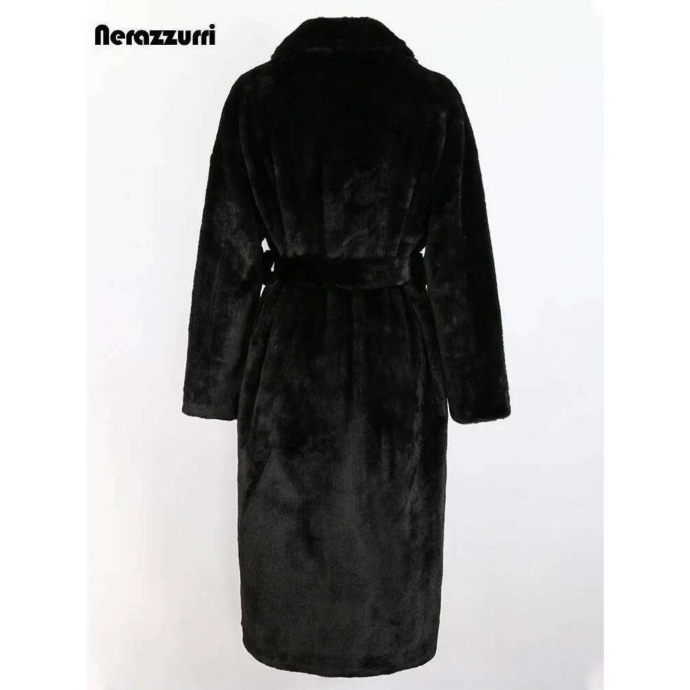 Nerazzurri Winter Long Purple Black Green Fluffy Thick Warm Faux Fur Coat Women Sashes New Arrival 2022 Furry Overcoat