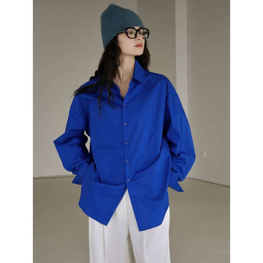 Autumn and winter women's casual solid color lapel long sleeved loose fitting shirt