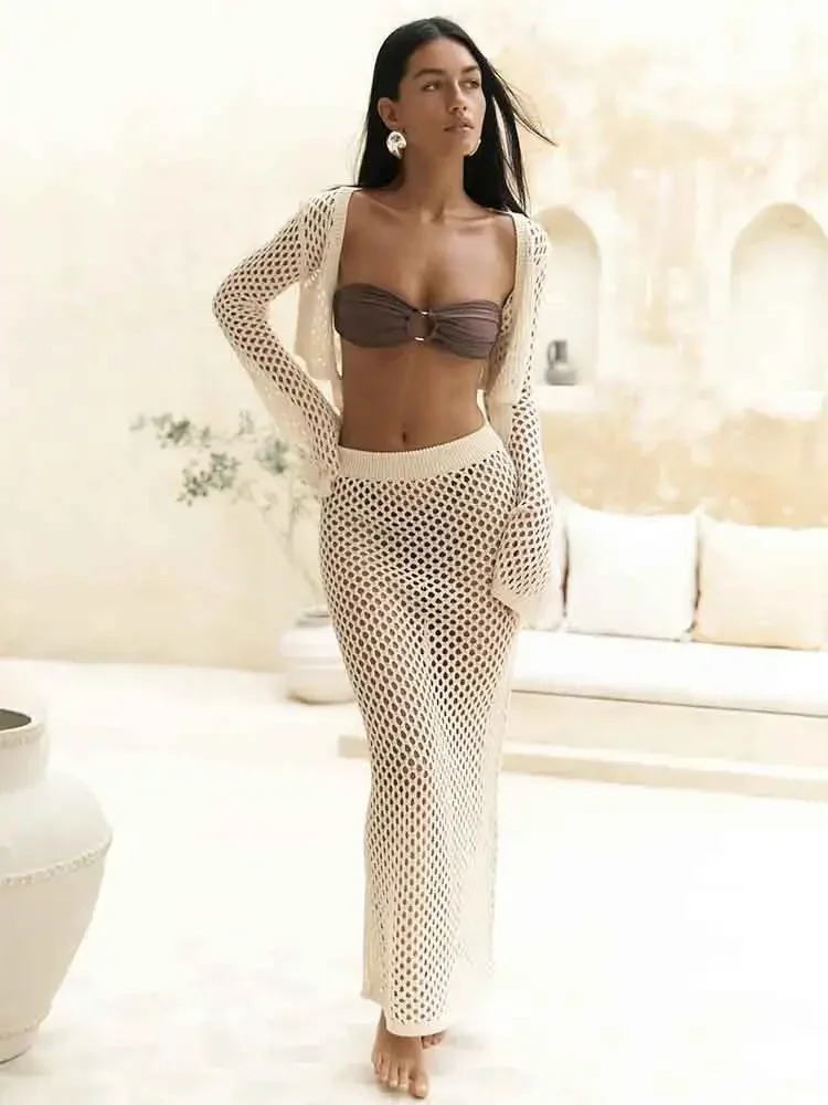 Sexy Knit Cut Out Two Piece Swimsuit Cover Up 2025 Summer Women Bell Sleeve Waist Tie Up Top Long Skirt Set Club Beach Dress K41 250616