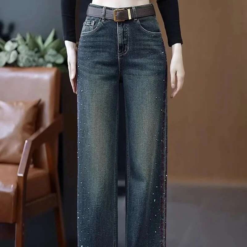 Womens Jeans Wide Leg Medium Female Cowboy Pants Waist Wash on Sale Teenagers Shiny Top Selling Vintage Wholesale Emo Trousers