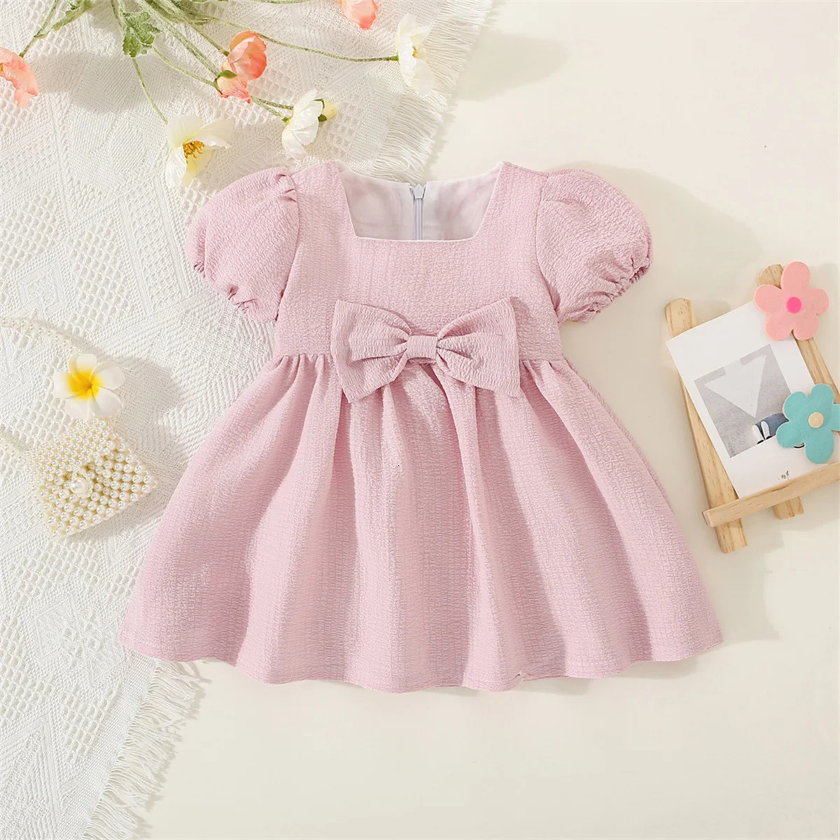 Summer Baby GirlS Dress Solid Color Round Neck Bow For Ladies Daily Wear Knee Length 250617