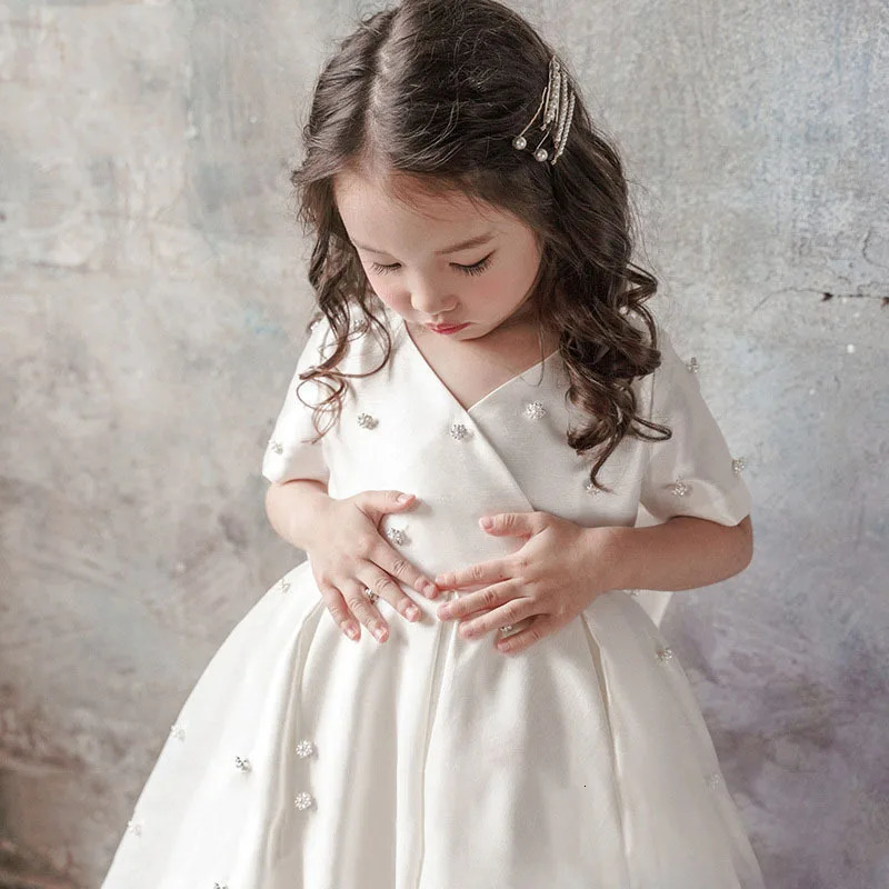 Baby Kids Princess Satin Bow Crystals Flower Girl Dress Children First Communion Dress Ball Gown Wedding Party Dress Birthday 250617