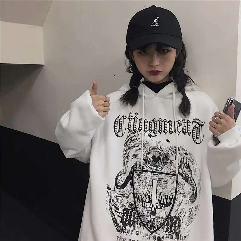 Hooded 2025 Punk Hoodies Long Hip Hop Female Clothes Grunge Sweatshirt for Women Aesthetic Korean Y2k Designer Tops Graphic Hot