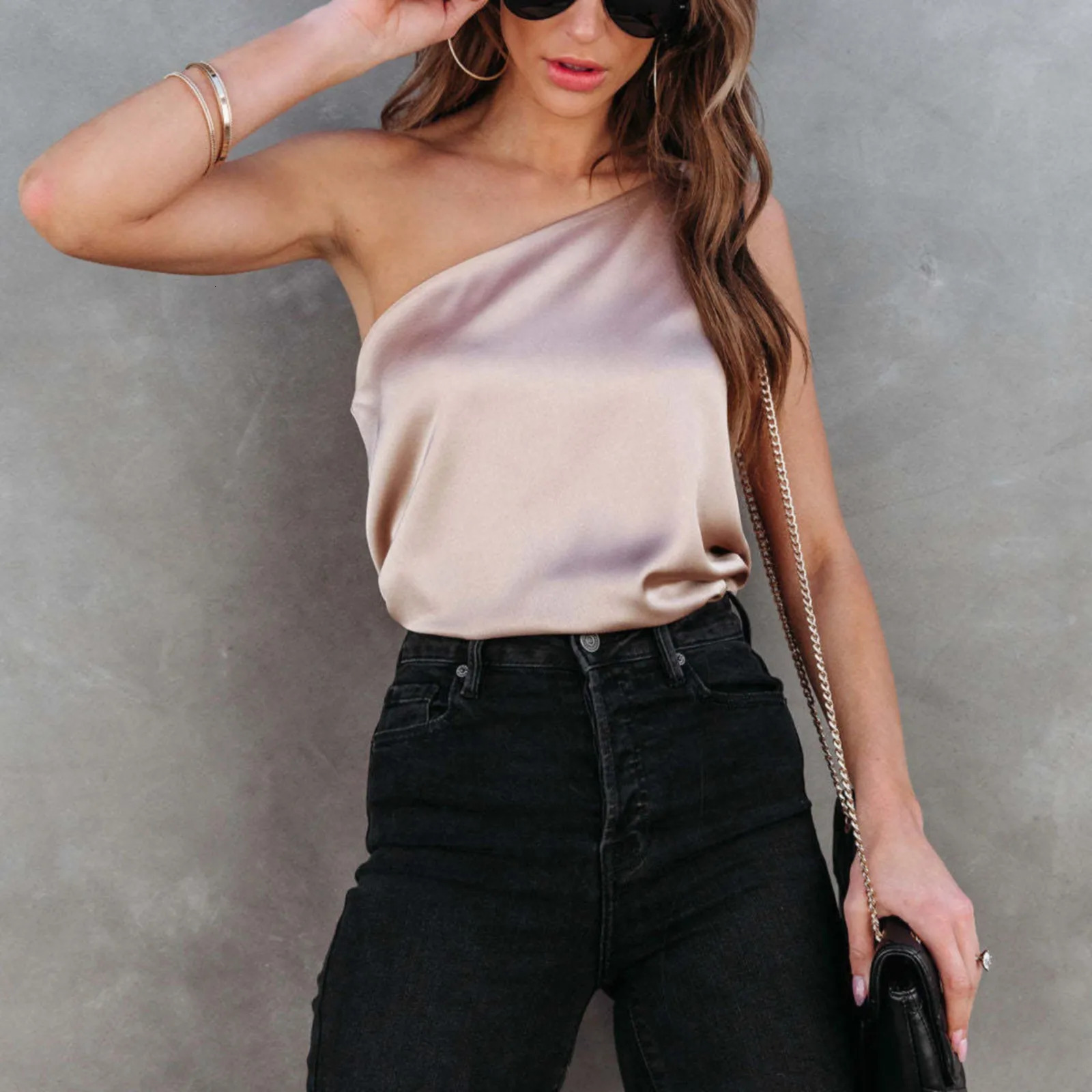 Summer Blouses For Women Fashion Sleeveless Satin Shirt Loose casUAl Round Neck One ShoULder camisole camisas Y Blusas 250614
