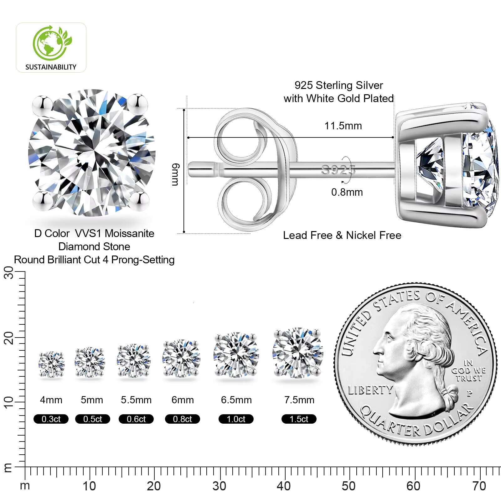 0.5ct 1ct 2ct 3ct Moissanite VVS GRA Certificate 14K White Gold Plated 925 Sterling Silver Men Women Lab Diamond Stud Earring