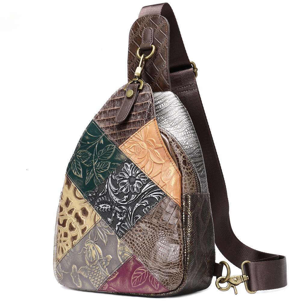 Women's Crossbody bag chest pack bag New Ethnic Style Personality Genuine Leather Chest For Women Ins First Layer Cowhide Patchwork