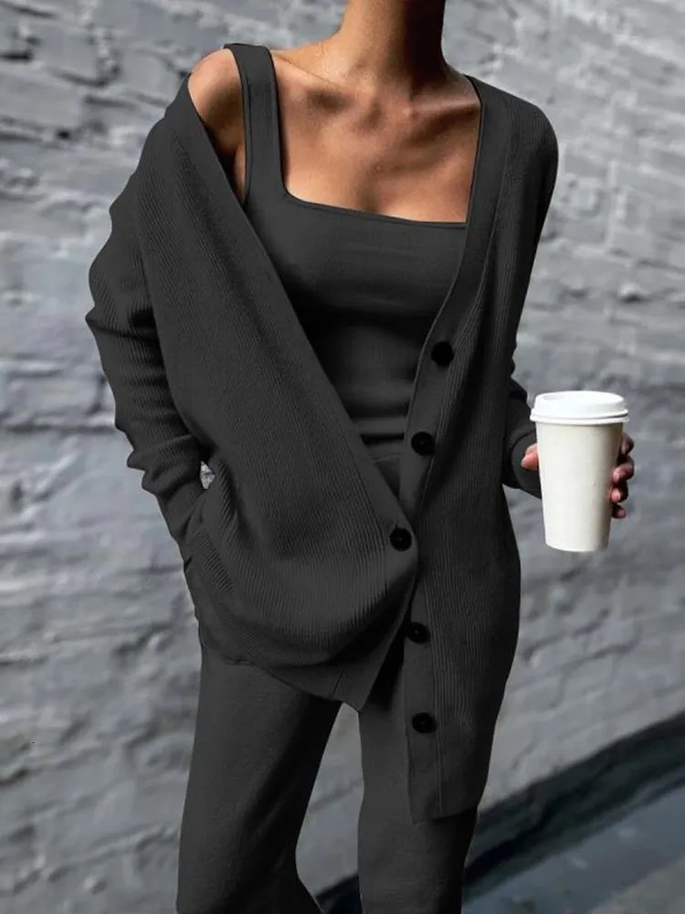 Knitted three piece set for womens style outerwear vest pants set 250616