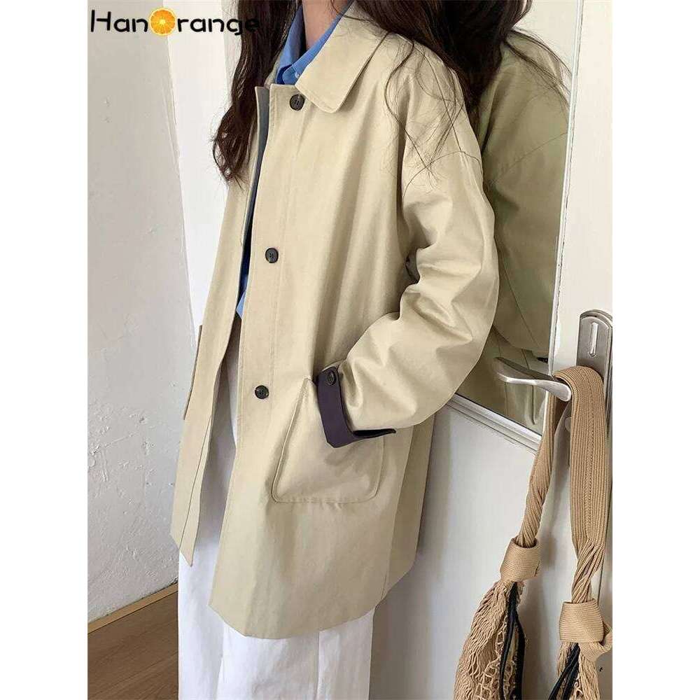 HanOrange 2025 Trench Coat Women Simple Spring Loose Versatile Collared Jacket Top Khaki Beige
