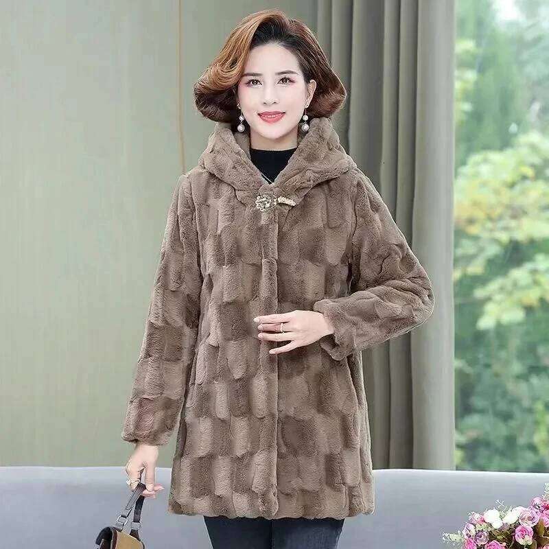 New Mother's Winter High-End Imitation Fur Middle-Aged And Elderly Women's Hooded Thicke Mink Veet Coat