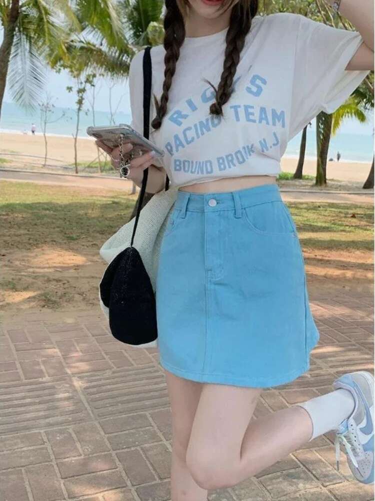 With Pocket Short Jeans Skirts for Women High Quality Korean Style Aesthetic A Line Luxury Elegant Premium Woman Denim Skirt