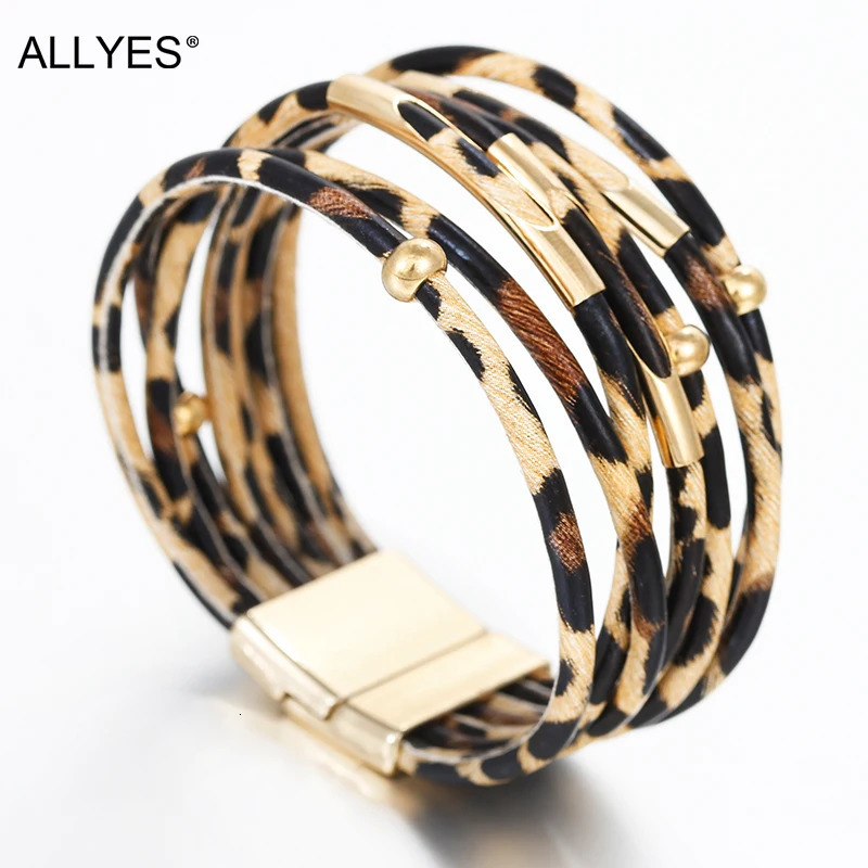 ALLYES Leopard Leather Bracelet Jewelry Fashion Women Metal Tube Ladies Wide Boho Multilayer Wrap Bracelets Bangles 250616