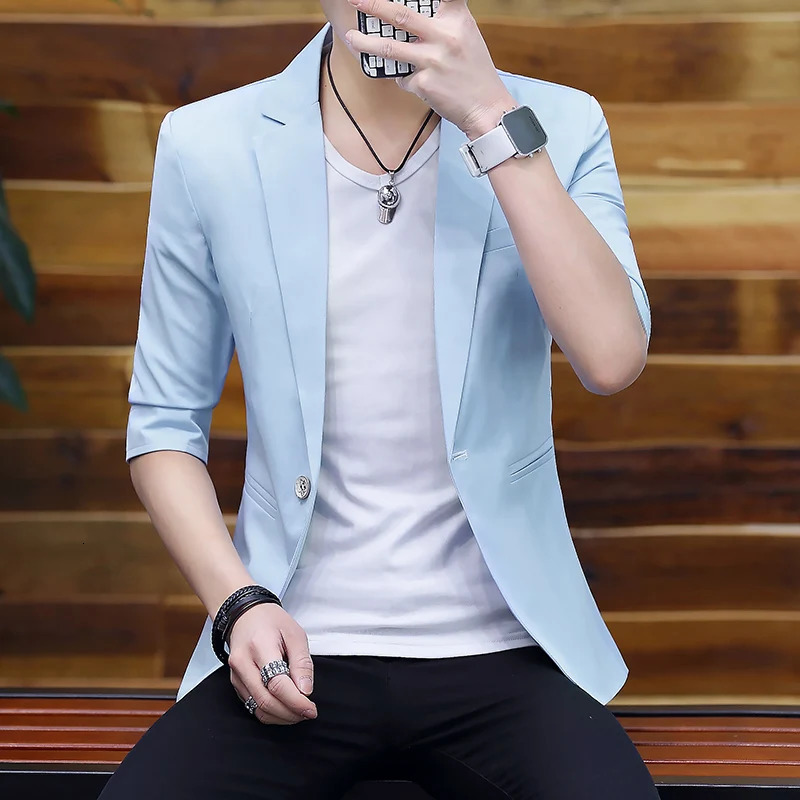 Summer 2025 Mens Mid-Sleeve Slim Fit Suit Korean Style Handsome Youth Seven-Quarter Jacket Small Suit Collection 250614