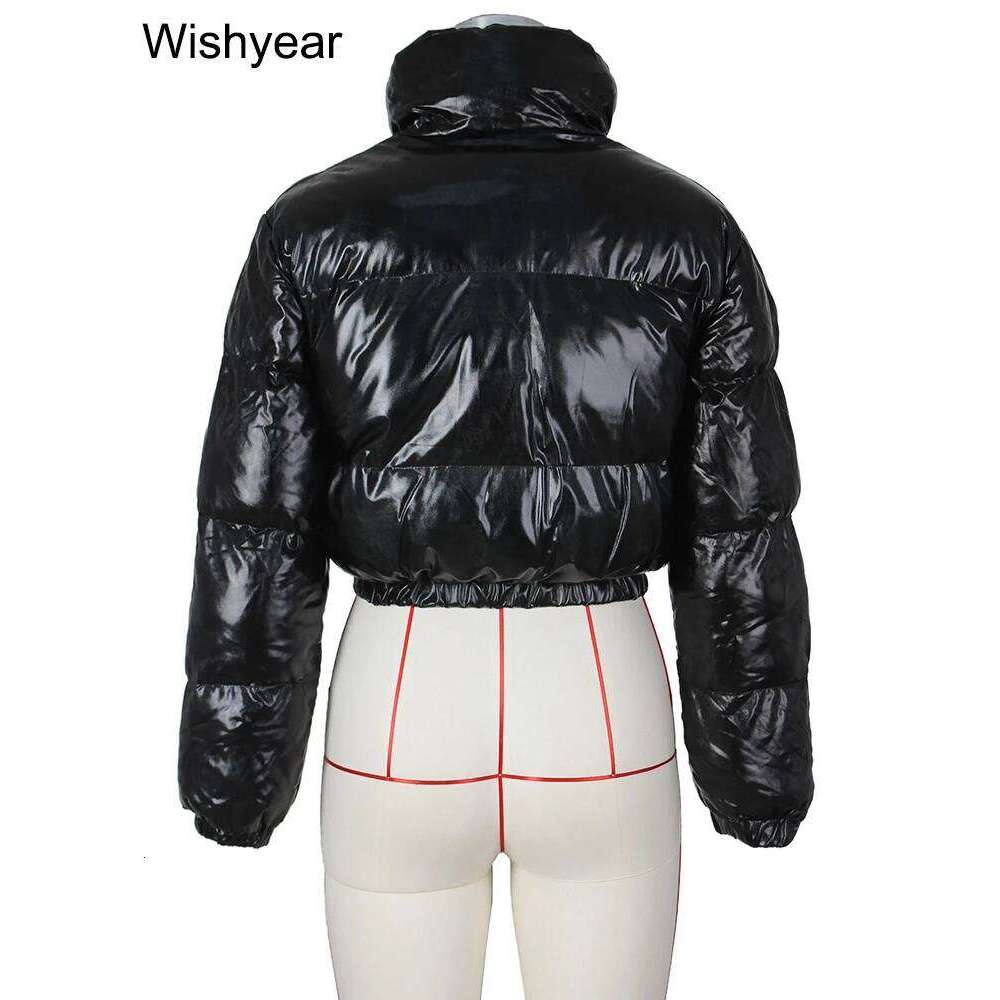 Metallic Siery Shiny Puffer Parka Cropped Jacket Women Long Sleeve Stand Collar Zip Up Winter Warm Coat Street Outerwear New