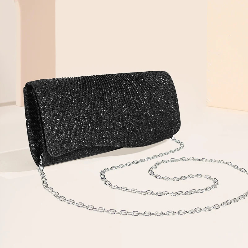 Women Fold Glitter Handbag Shiny Envelope Evening Bag Ladies Pleated Silver Clutch Chain Wedding Party Mini Long Purse XA12ZD 250614