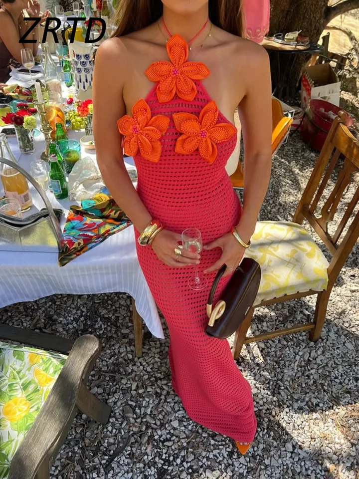 Sexy Crochet Hollow Out Long Halter Dress Women 3D Flower Backless Sleeveless Beach Dresses 2025 Summer Lady Vacation Robes 250616