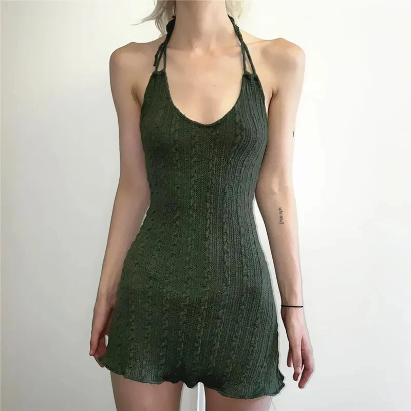 WhereMery Vintage Knitted Halter Short Dress Sexy Bandage Hollow Out Backless Dresses Elegant Sleeveless Texture Party Dresses 250616