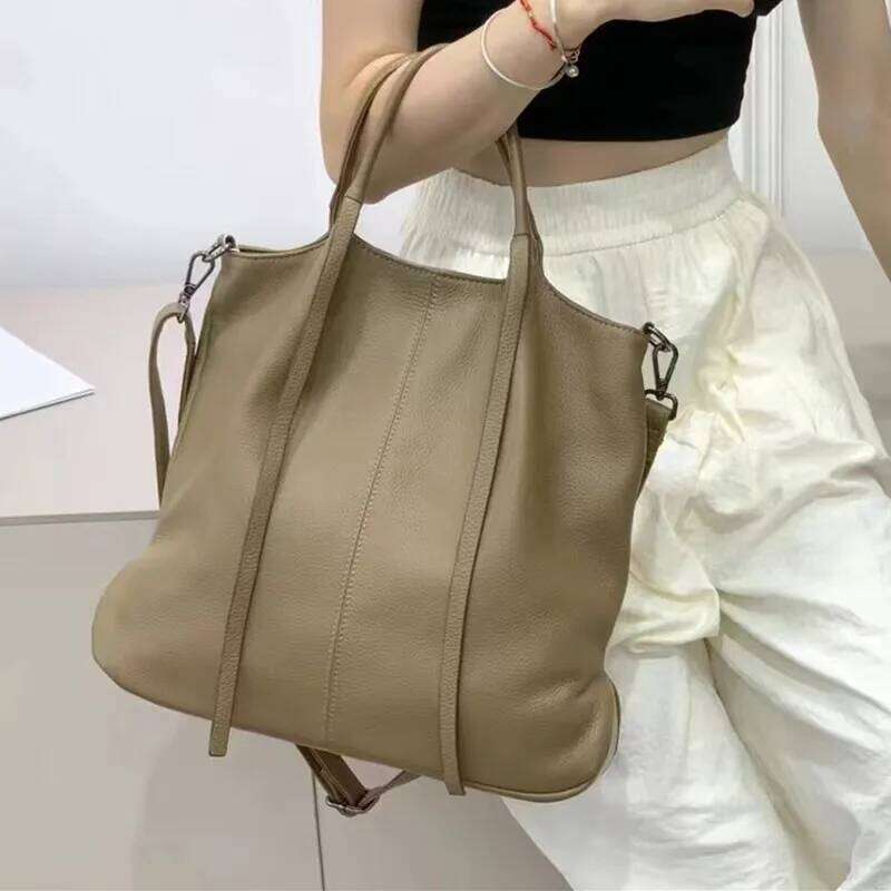 Casual Women Genuine Leather Handbags Large Shoulder Solid Color Soft Cowhide Work Crossbody Bucket Bag Female Purse Tote