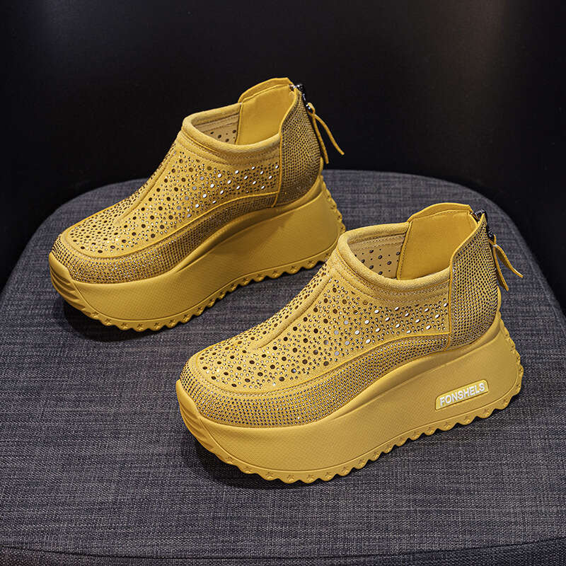 2025 Summer New Hollow Women's Sandals Round Toe Starry Sky Rhinestone New Casual Fashion Breathable Thick Sole Height Increasing Shoes