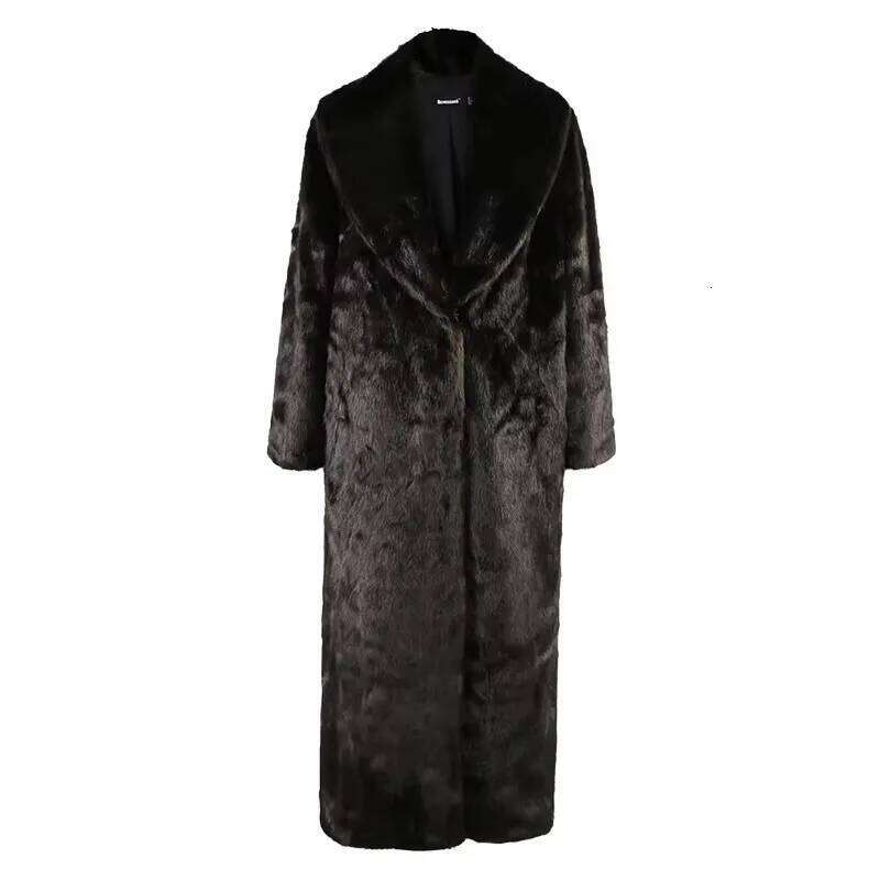 Mauroicardi Winter Extra Long Thick Warm Brown Fluffy Faux Mink Fur Coat Women Shawl Collar Elegant Vintage Overcoat 2025
