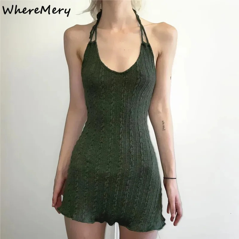WhereMery Vintage Knitted Halter Short Dress Sexy Bandage Hollow Out Backless Dresses Elegant Sleeveless Texture Party Dresses 250616