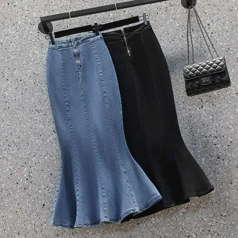 Ruffle Zipper Womens Denim Skirt Coquette Midi Black Sexy Blue Female Jeans Skirts Luxury Elegant Y2k Vintage Chic 2025 Trend V