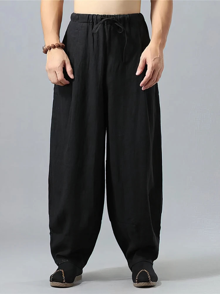 Baggy Cotton Linen Pants Men Casual Wide leg Oversize Jogger Linen Trousers Old Money Vintage Drawstring Sweatpants Male 2025 250614