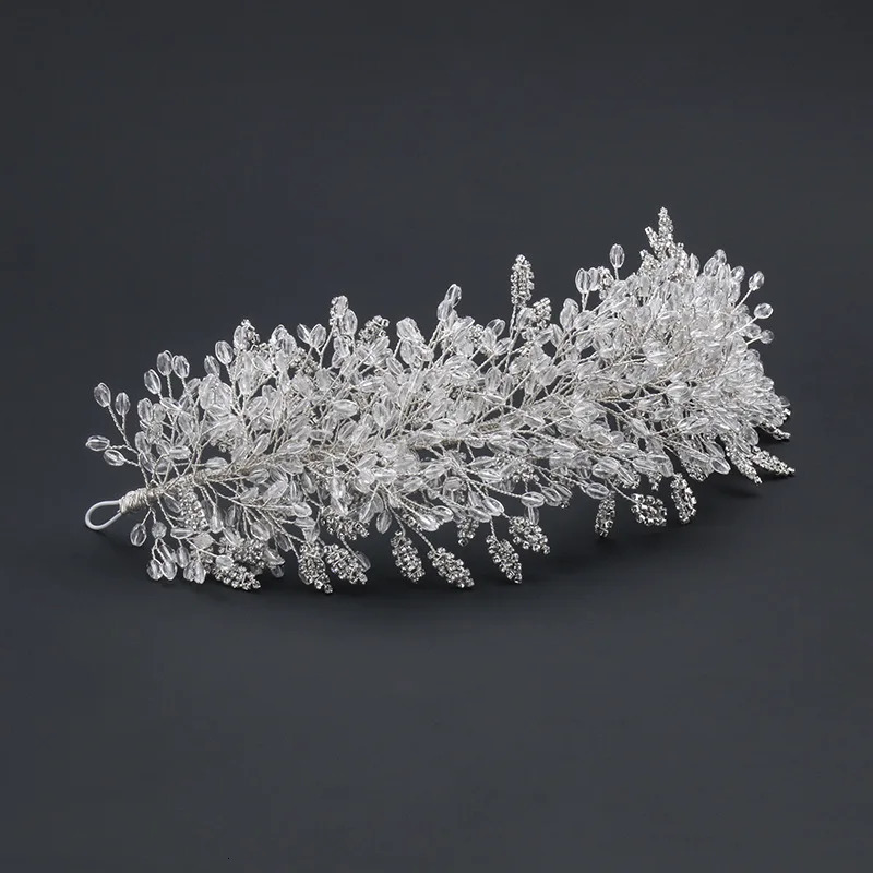 Baroque Handmade Clear Crystal Beads Bridal Hairbands Flower Tiaras Crown Rhinestone Diadem Headpieces Wedding Hair Accessories 250603