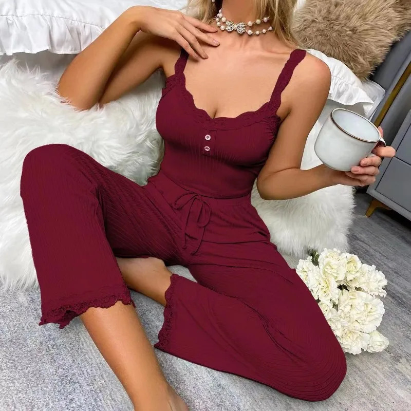 Womens Sexy Pajamas Set Summer Ribbed Sleeveless Top Long Pants Sleepwear 2 Piece Set For Women Home Casual Suspender Suit 250616