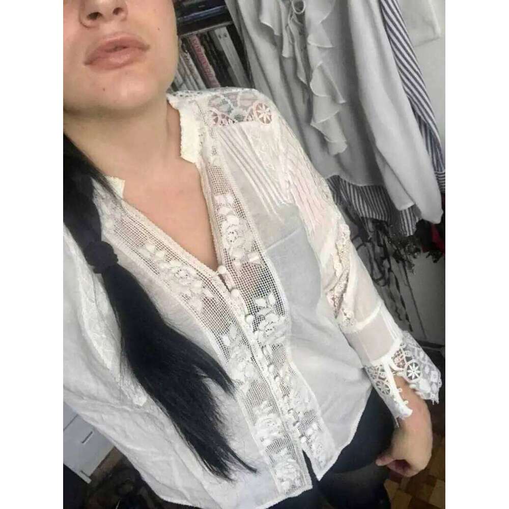 Designer Clothing 2025 Cotton Lace Floral Embroidery Women's Shirt Loose Boho Style V-Neck Long Sleeve Tunic Sexy Tops