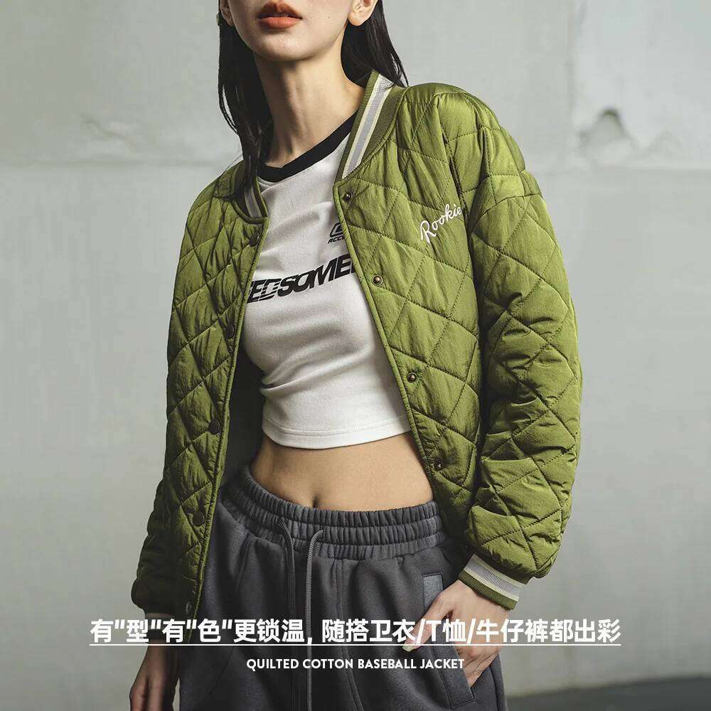 Maden New Retro Spliced Green Cotton-padded Dia-quilted Baseball Jacket Warm Women's Autumn and Winter Street Coat