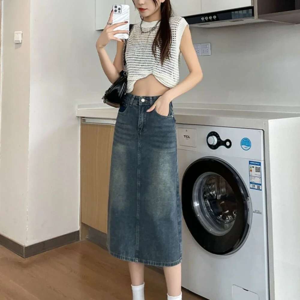 Female Jeans Skirts With Slit Midi Stylish Luxury Elegant Harajuku Casual Summer 2025 Korean Style Aesthetic Womens Denim Skirt