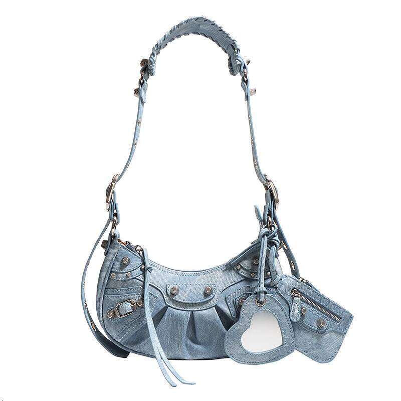 Genuine Leather Denim Blue Spicy Girl Motorcycle High Quality Underarm Crossbody Bag for Women with Tassels and Rivets