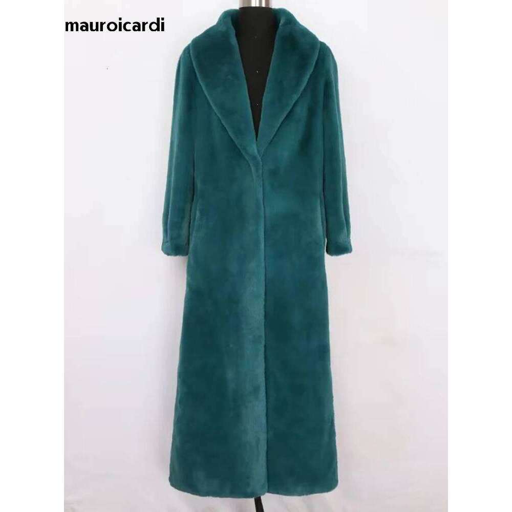 Mauroicardi Winter Extra Long Thick Warm Soft Fitted Fluffy Faux Fur Coat Women Shawl Collar Elegant Chic Furry Overcoat