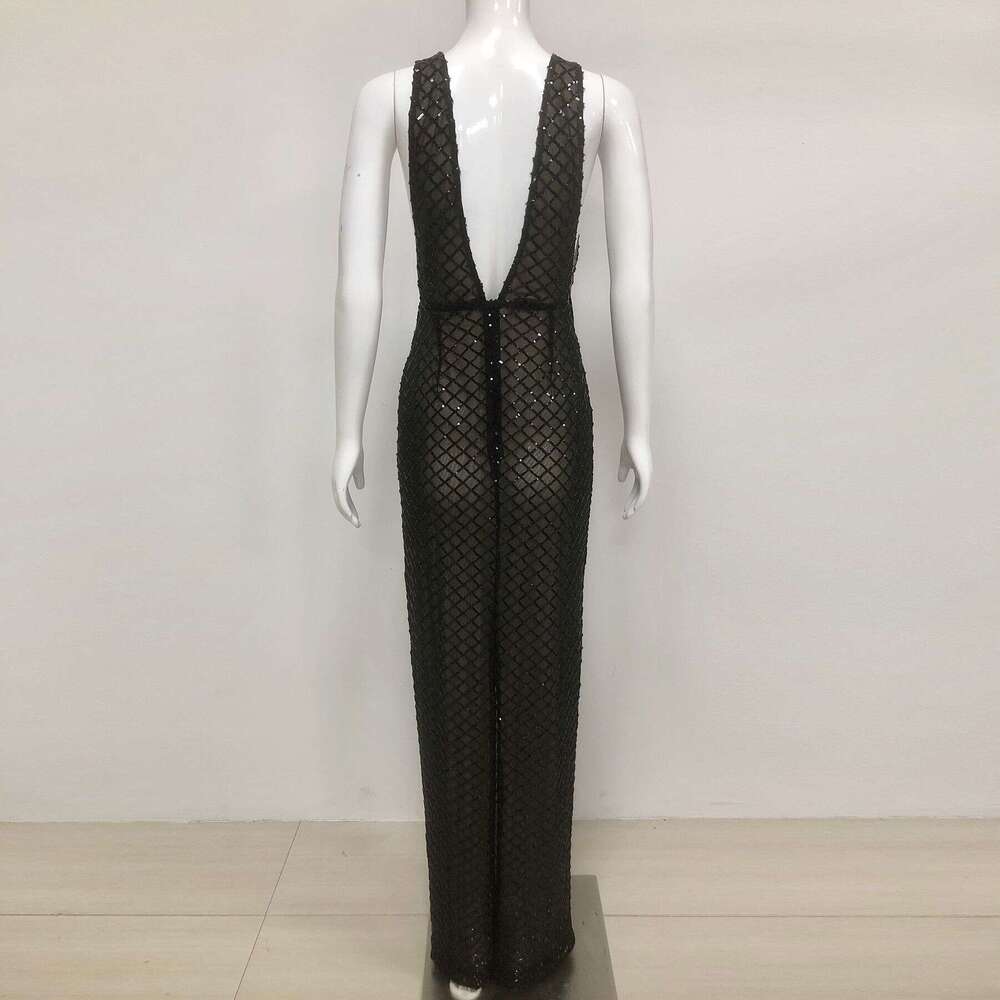 New Women's Sexy Mesh Lightweight Fashion Elegant with Deep V Design Long Dress