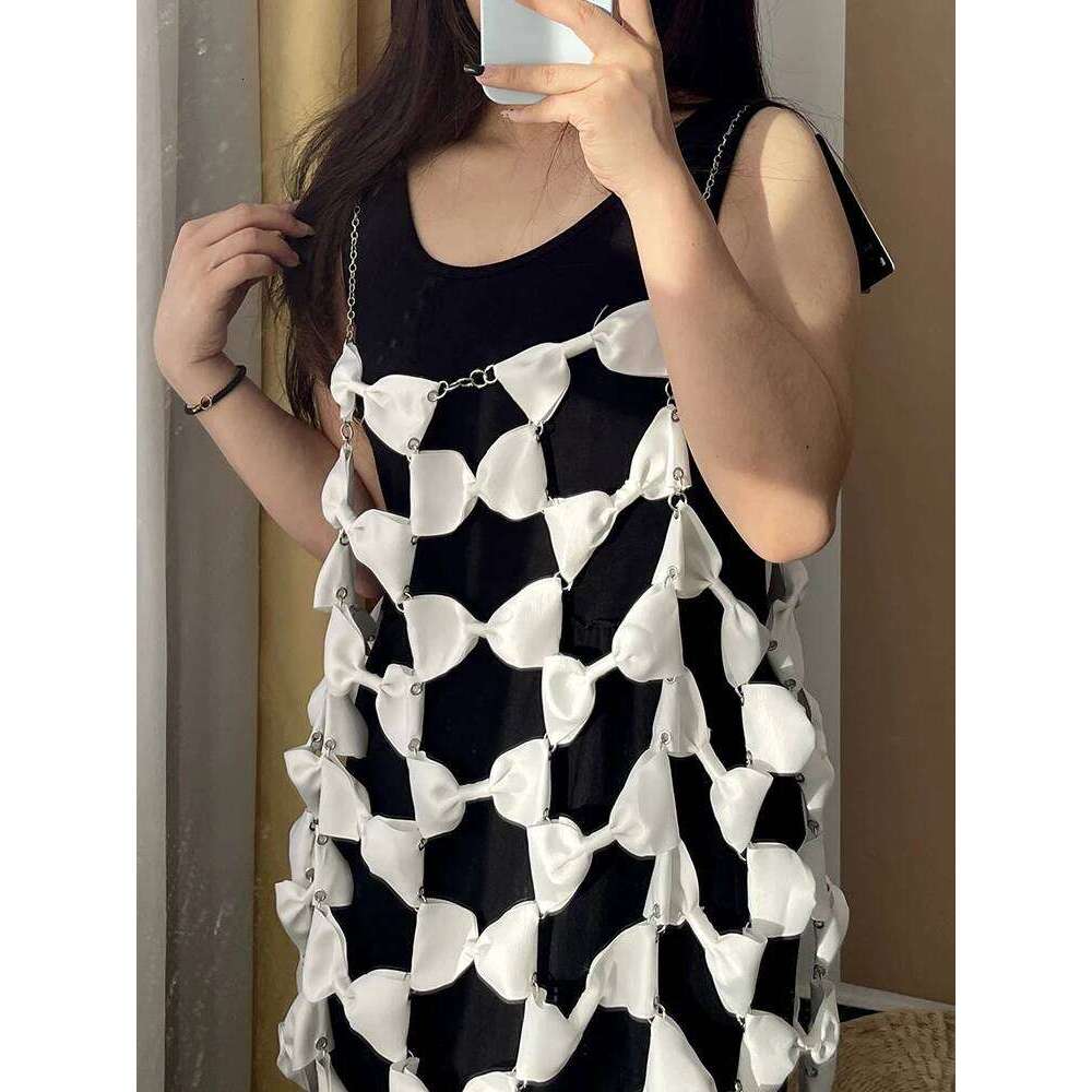 Designer Clothing 2025 Solid Hollow Out Chic Dresses For Women Camisole Sleeveless High Waist Patchwork Bowknot Minimalist Dress Female